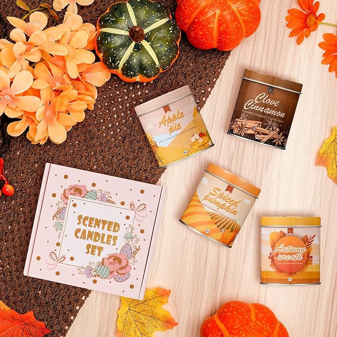 Fall scented candles set with labeled tins and “Scented Candles Set” gift box, seasonal scents assortment
