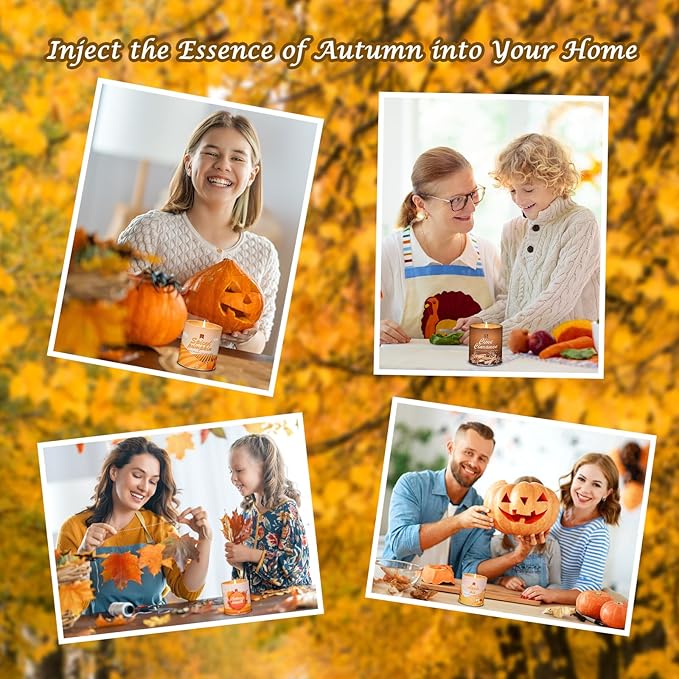 Autumn scented candle jars and set packaging shown with fall-themed table items
