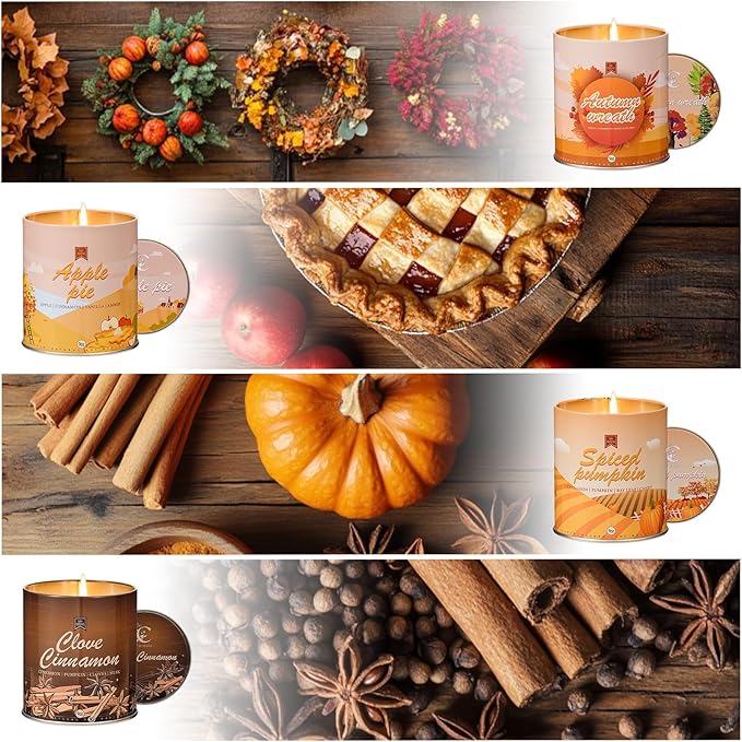 Fall candles set display featuring lit candle tins and apple pie, spiced pumpkin, clove cinnamon, wreath designs