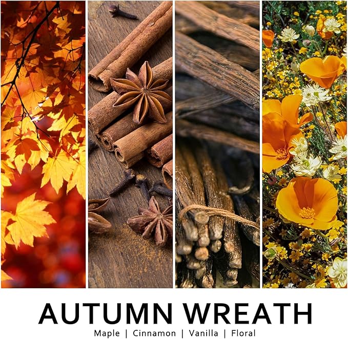Autumn wreath candle collage with maple leaves, cinnamon sticks, berries and flowers