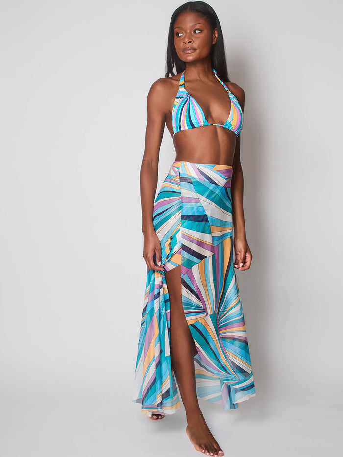 Model wearing Emerald green ursula bikini and print pareo by NAIA Beach