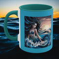 Teal accent mug with mermaid and “California” print on front