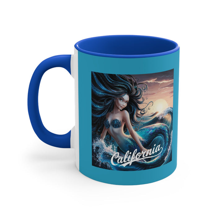 Blue accent mug with mermaid and “California” print on the front