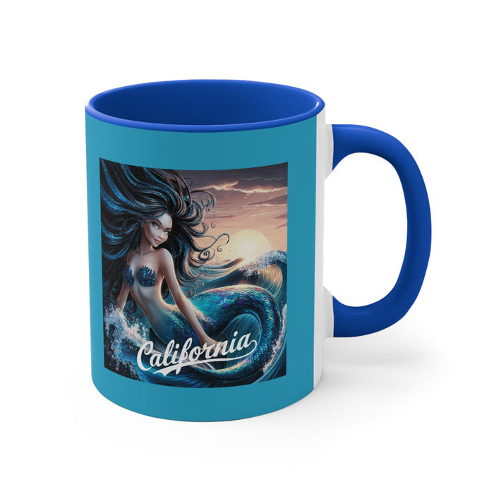 Blue accent mug angled view, mermaid and “California” graphic on front