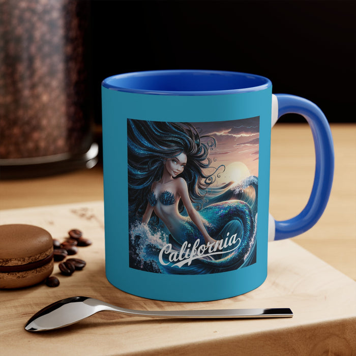Blue accent mug featuring a mermaid and “California” on the front