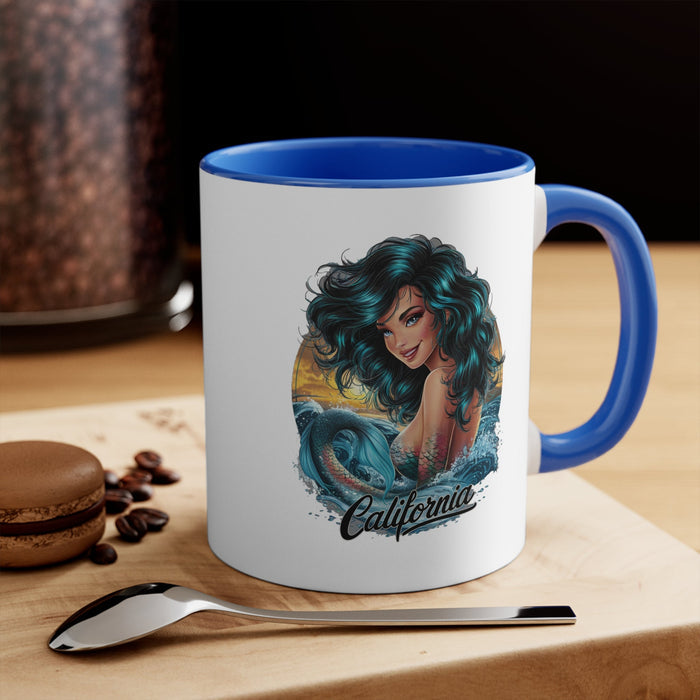 11oz accent mug with blue interior, white body, mermaid graphic and 'California' print