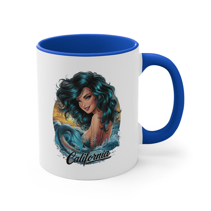 11oz accent mug with blue interior and handle, white body with mermaid and California print