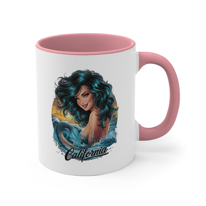 11oz accent mug with pink interior, white body, mermaid graphic and 'California' print