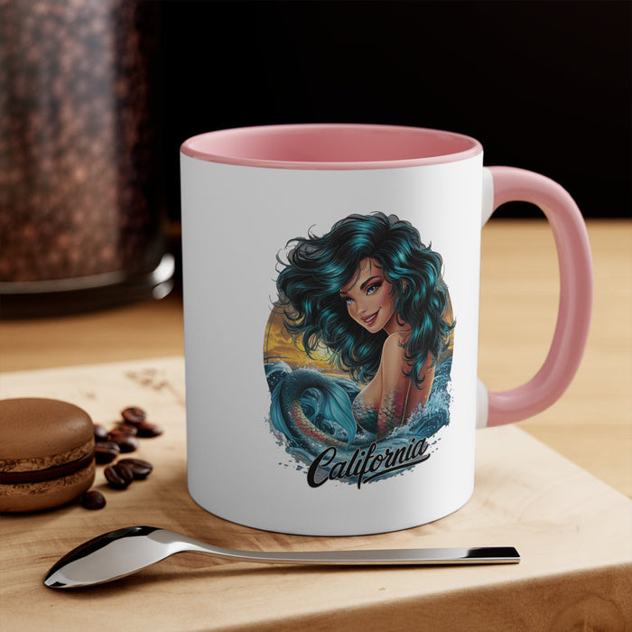 11oz accent mug with pink interior, white body, mermaid graphic and 'California' print