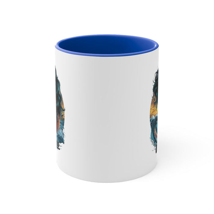 11oz accent mug with blue interior and handle, white body with side mermaid artwork