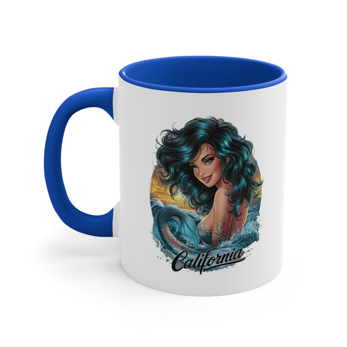 11oz accent mug with blue interior, white body, mermaid and 'California' graphic