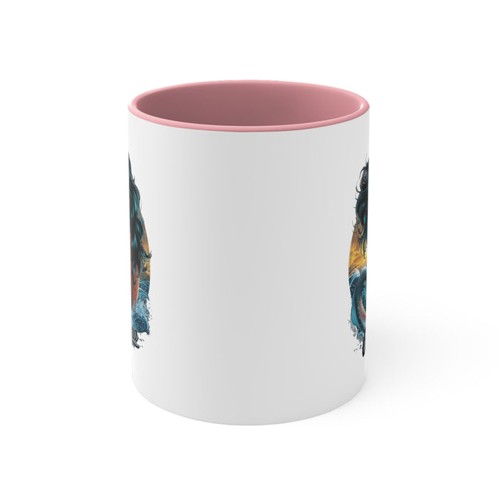 11oz accent mug with pink interior and handle, white body with side mermaid artwork