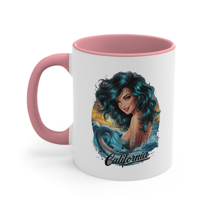 11oz accent mug with pink interior, white body, mermaid graphic and 'California' print