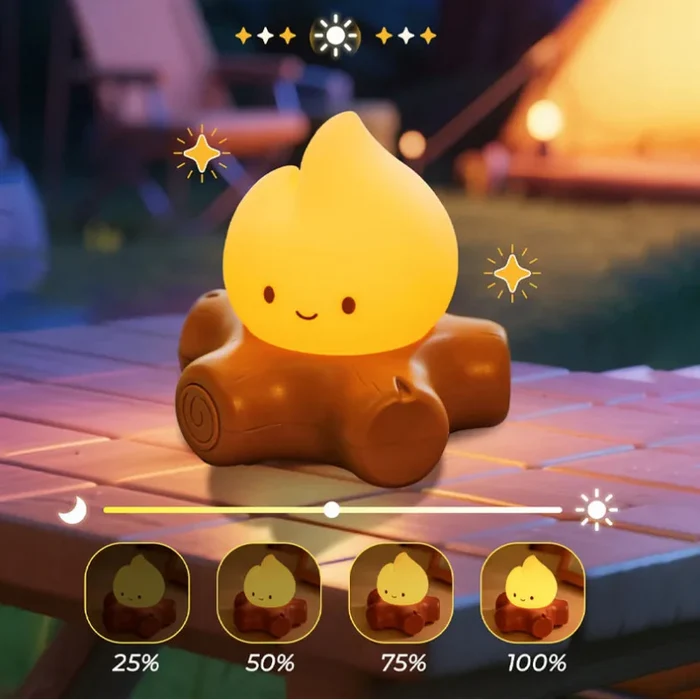 Teardrop campfire night light with warm glow and smile on brown base