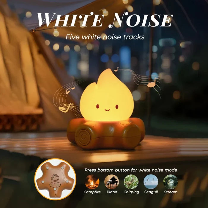Teardrop night light casting warm light from brown base with smile