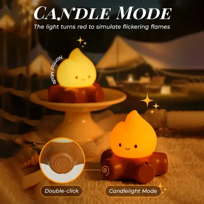 Lamp in candlelight mode with warm glow teardrop on brown base