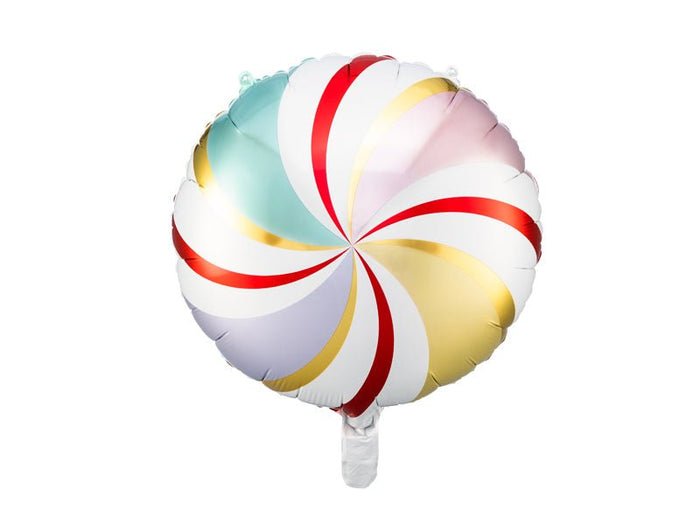 Candy balloon with white, red and pastel spiral-striped foil panels
