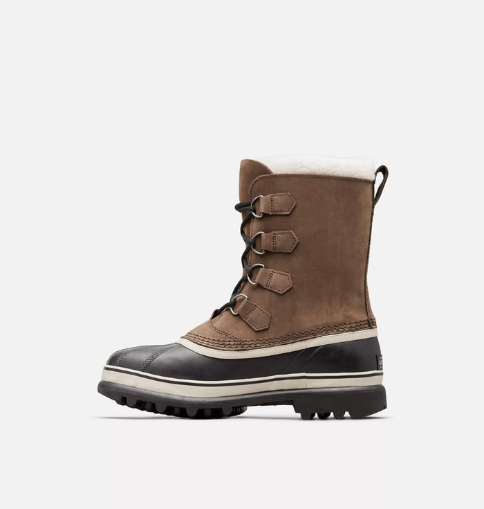 Sorel Caribou Winter Boots in brown leather and black rubber with lace-up design and shearling collar, side view.