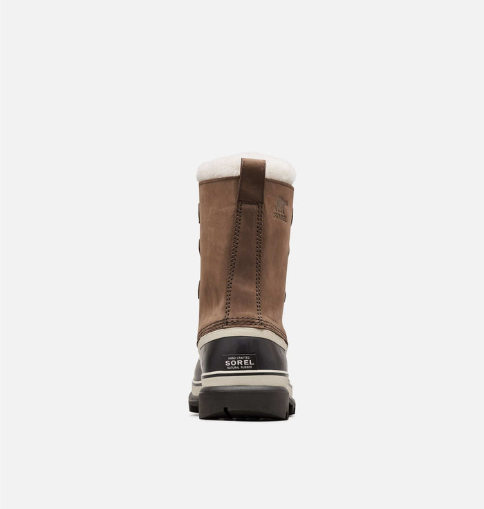 Sorel Caribou Winter Boots in brown leather with black rubber heel and waterproof sole, back view.