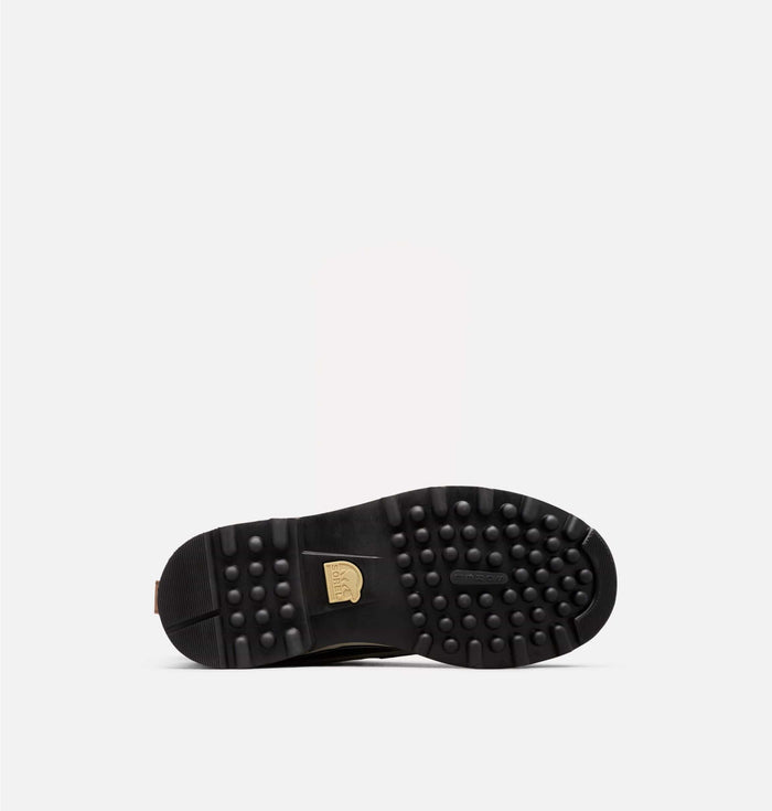 Sorel Caribou Winter Boots outsole in black rubber with snow traction lugs and embossed logo, sole/bottom view.