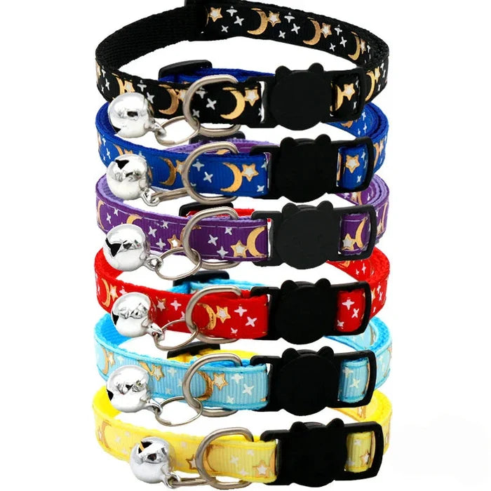 Adjustable cat collar set with bell, star-and-moon print, multiple colors