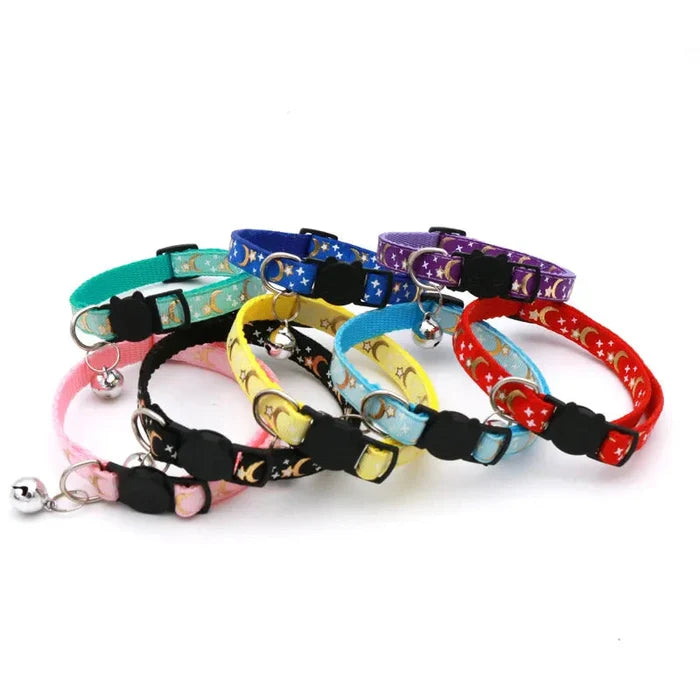 Adjustable cat collars with bell, star-and-moon pattern, assorted colors