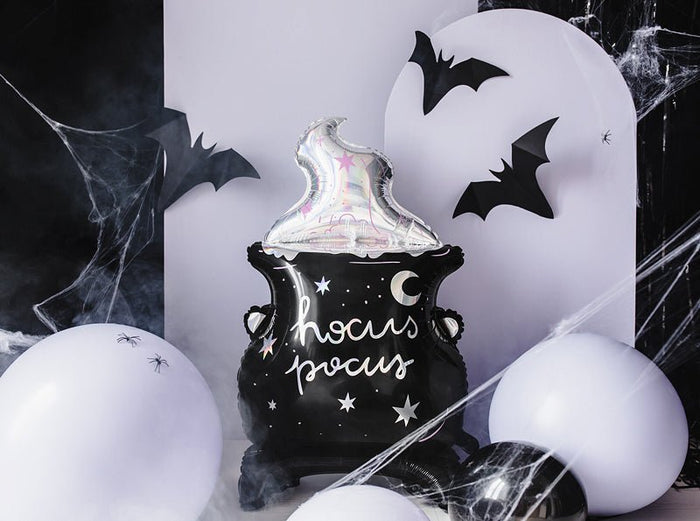 Halloween cauldron foil balloon with bats and sparkly black magic design