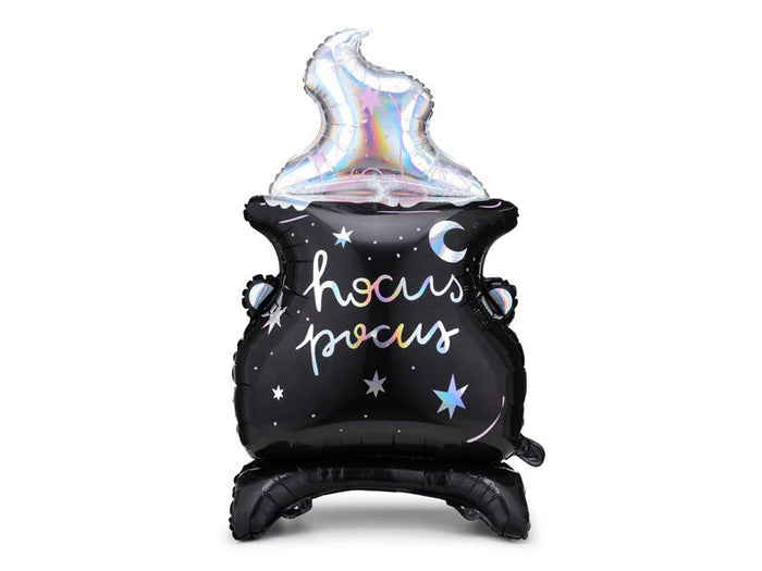 Single Halloween cauldron foil balloon, black with stars and a silver holographic top