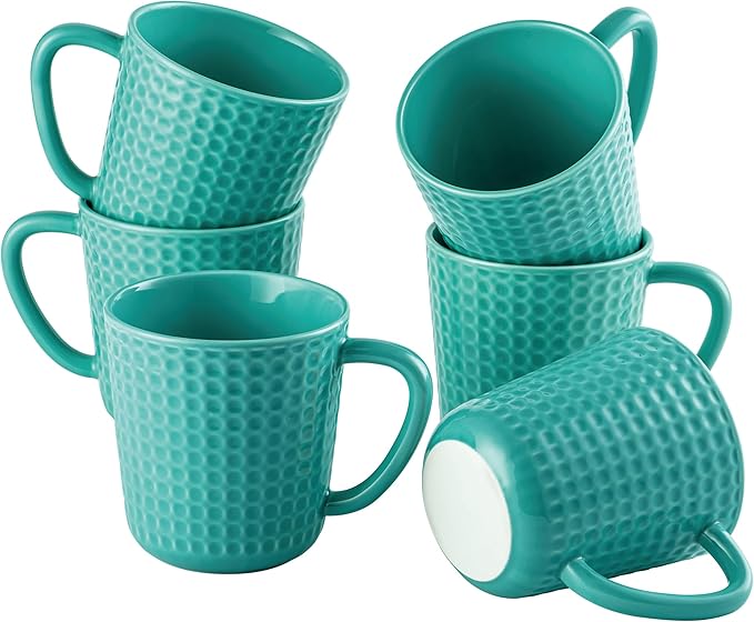 Turquoise waffle-embossed ceramic coffee mug set with matching handles, 6-pack