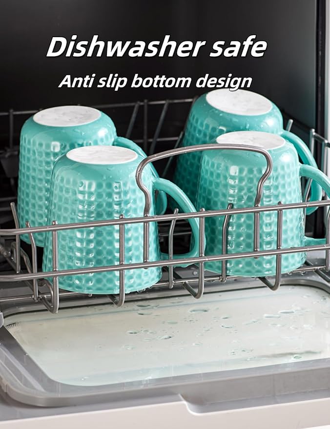 Turquoise waffle-embossed ceramic mugs with handles in dishwasher rack