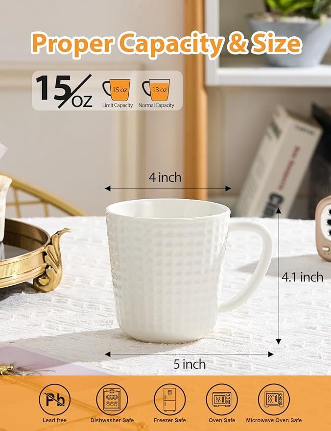 Ceramic coffee mug with handle, size measurement diagram overlay