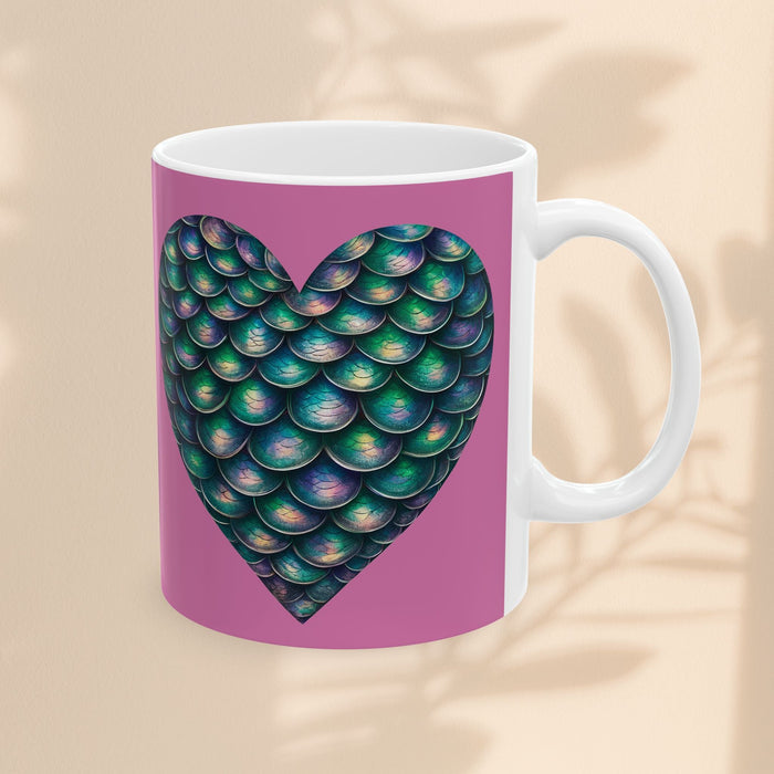 White ceramic mug with purple panel and full mermaid heart graphic with green scales