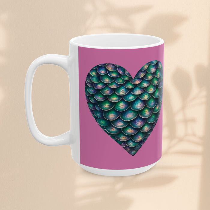White ceramic mug with purple panel and mermaid heart graphic, left side handle