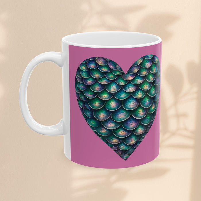 White ceramic mug with purple panel and large mermaid heart graphic, side handle