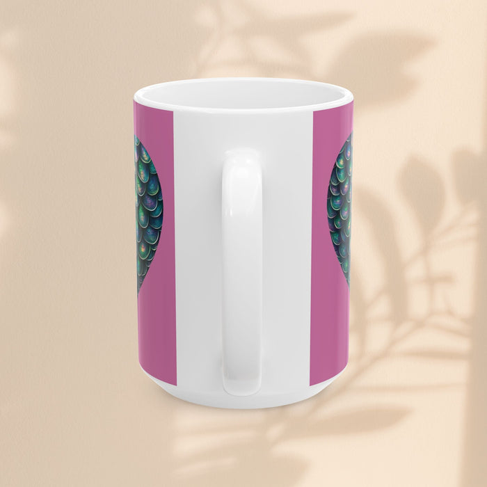 White ceramic mug with purple vertical stripes and green mermaid scale accents