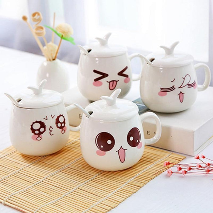 Set of ceramic mugs with lids, white finish, animal face illustrations on each