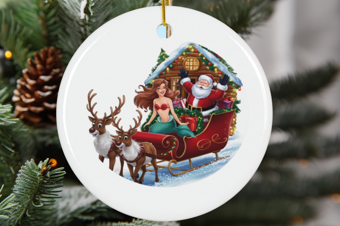 Round ceramic ornament with mermaid and Santa in a sleigh pulled by reindeer, hanging loop