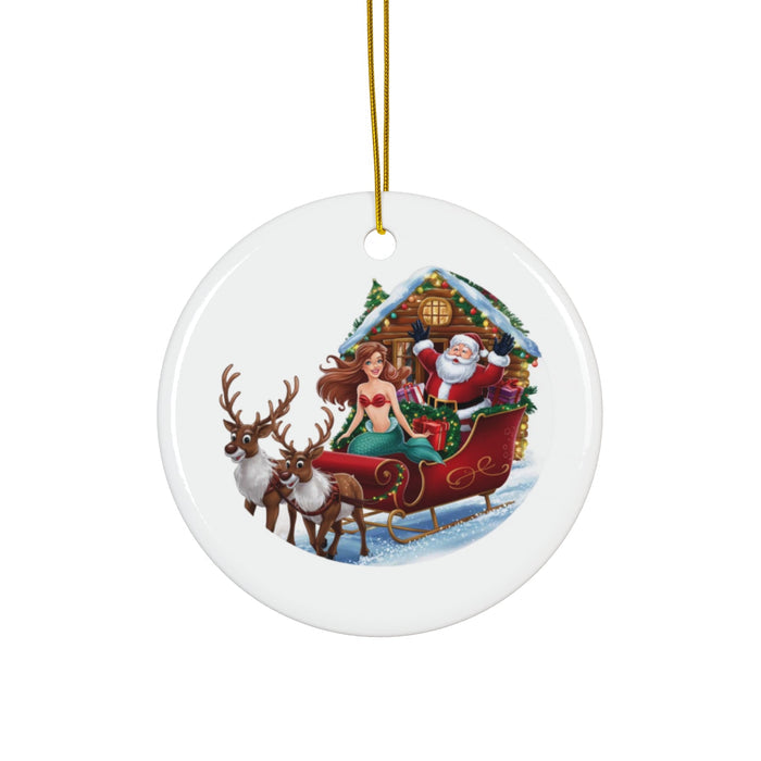 Round ceramic ornament featuring a mermaid, Santa, and reindeer in a decorated sleigh, hanging