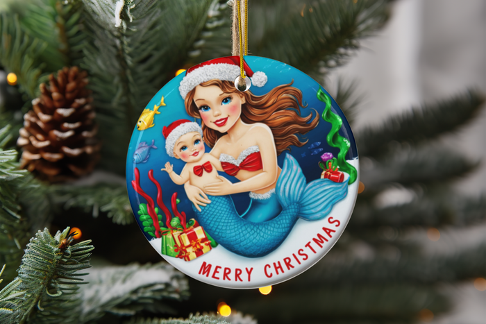 Round mermaid mom ceramic ornament holding baby, 'Merry Christmas' text, hanging loop
