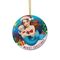 Round mermaid mom ceramic ornament holding baby with string loop, 'Merry Christmas' text