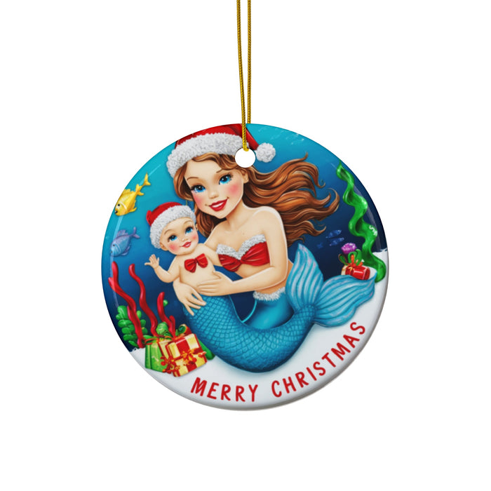 Round mermaid mom ceramic ornament holding baby with string loop, 'Merry Christmas' text