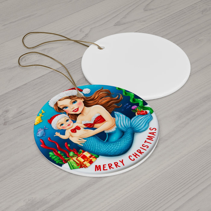 Mermaid mom ceramic ornament with baby on front, with white back disk, 'Merry Christmas' text