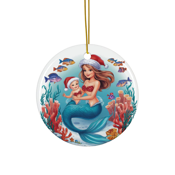 Hanging round ceramic ornament featuring mermaid holding baby with fish and coral around.