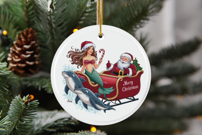 Ceramic Christmas ornament, round white disc with mermaid, Santa, and dolphins