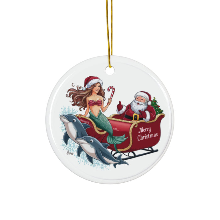Round ceramic Christmas ornament featuring mermaid, Santa, and two dolphins with gold cord
