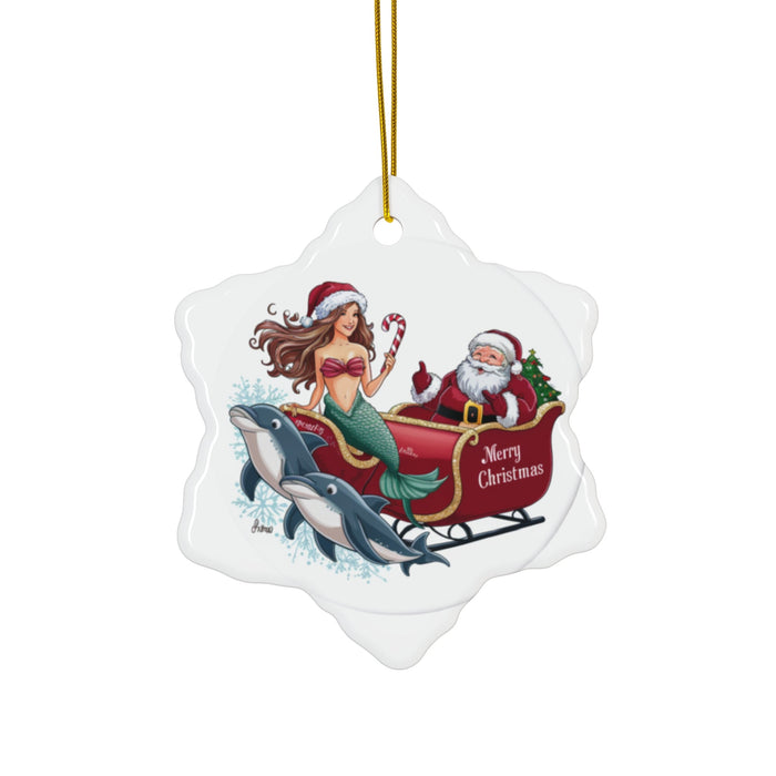 Ceramic Christmas ornament, snowflake-shaped white with mermaid, Santa, and dolphins