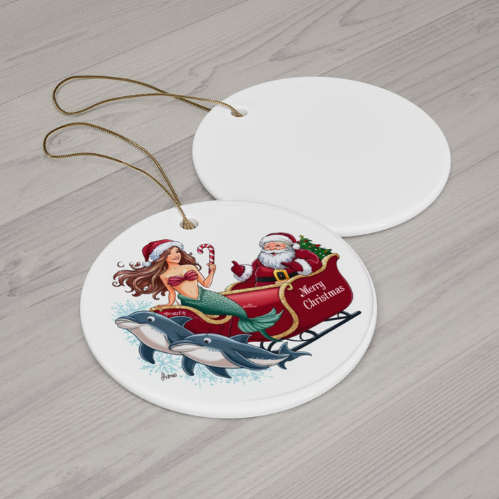 Two round ceramic ornaments with mermaid, Santa, and dolphins; gold hanging strings