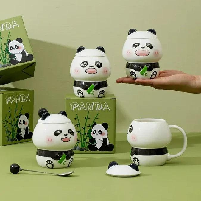 Ceramic panda mugs with lid; white body, black base belt, green bamboo accents, includes spoon