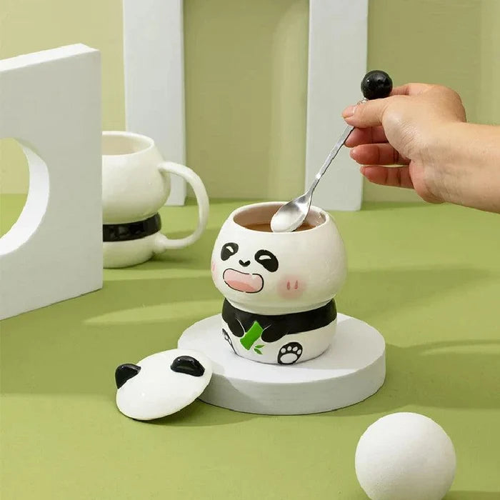 Ceramic panda mug with lid and spoon, white mug with black belt and smiling panda face