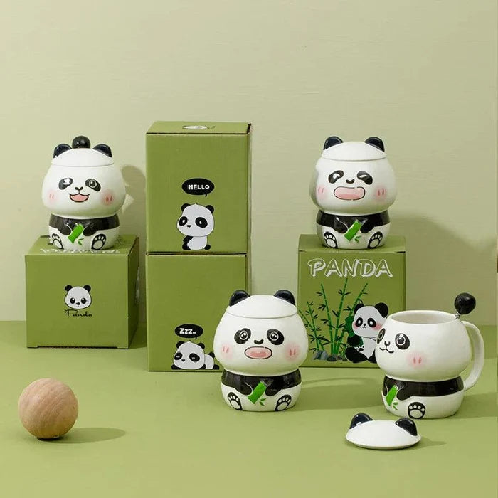 Ceramic panda mug set with lid and spoon; two panda faces and bamboo details on mug